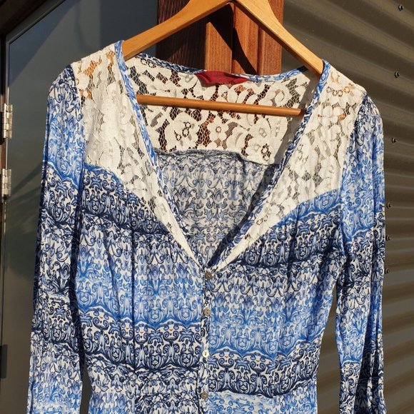 Tigerlily 8 Blue Paisley Crepe embroidered Lace button cool tones flowy Dress - Picture 4 of 13